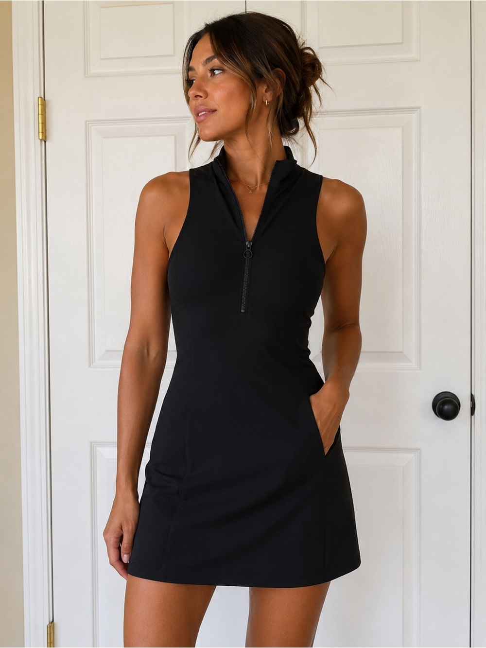 Athleta Black Swing Zip Dress Racerback Athletic XS Activewear Mock Neck